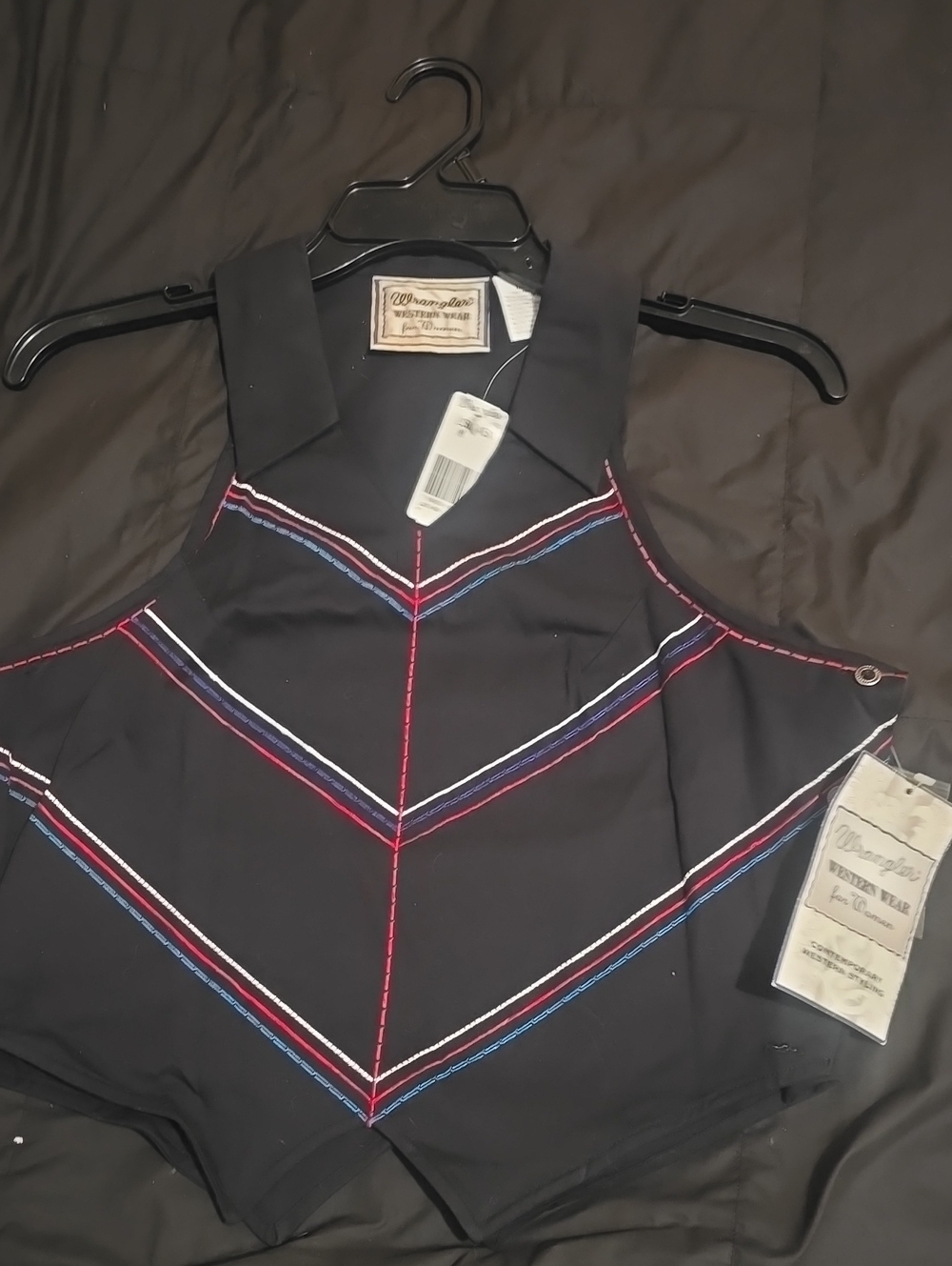 VTG Wrangler Black Sleeveless Western Halter Top with Red & Blue Stitching MED